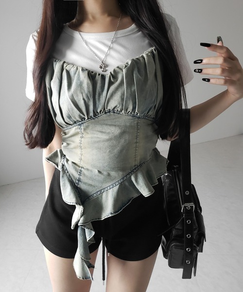 me+em select(ミームセレクト)の「※※【 2点セット 】ヴィンテージデニムビスチェ & 半袖レイヤードTシャツセット / vintage denim bustier & short sleeve layered T-shirts set(アンサンブル・レディース・ブラック/ホワイト・FREE)」の8枚目の写真