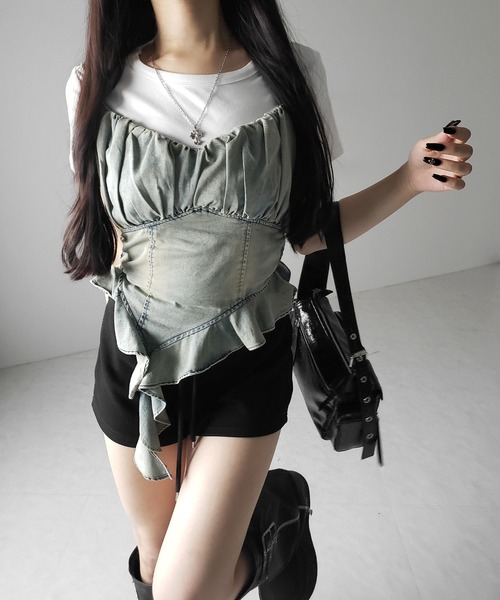 アンサンブル 「 ２点セット 」ヴィンテージデニムビスチェ ＆ 半袖レイヤードＴシャツセット ／ vintage denim bustier ＆ sh セール】【 2点セット 】ヴィンテージデニムビスチェ ＆ 半袖