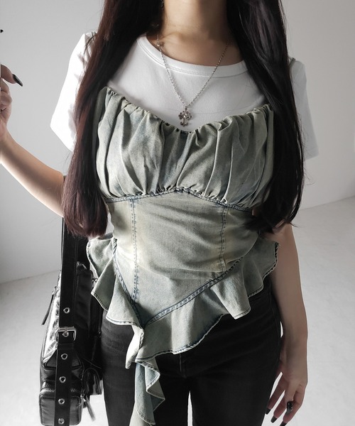 me+em select(ミームセレクト)の「※※【 2点セット 】ヴィンテージデニムビスチェ & 半袖レイヤードTシャツセット / vintage denim bustier & short sleeve layered T-shirts set(アンサンブル・レディース・ブラック/ホワイト・FREE)」の17枚目の写真