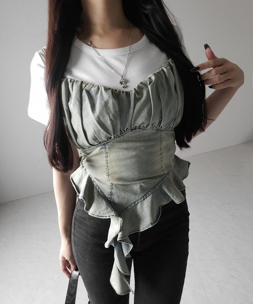 me+em select(ミームセレクト)の「※※【 2点セット 】ヴィンテージデニムビスチェ & 半袖レイヤードTシャツセット / vintage denim bustier & short sleeve layered T-shirts set(アンサンブル・レディース・ブラック/ホワイト・FREE)」の18枚目の写真