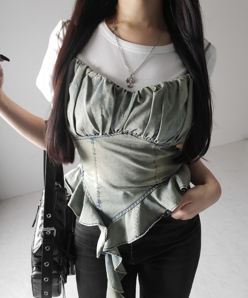 me+em select(ミームセレクト)の「※※【 2点セット 】ヴィンテージデニムビスチェ & 半袖レイヤードTシャツセット / vintage denim bustier & short sleeve layered T-shirts set(アンサンブル・レディース・ブラック/ホワイト・FREE)」の19枚目の写真