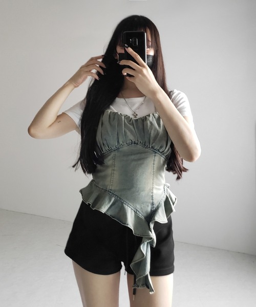 me+em select(ミームセレクト)の「※※【 2点セット 】ヴィンテージデニムビスチェ & 半袖レイヤードTシャツセット / vintage denim bustier & short sleeve layered T-shirts set(アンサンブル・レディース・ブラック/ホワイト・FREE)」の12枚目の写真