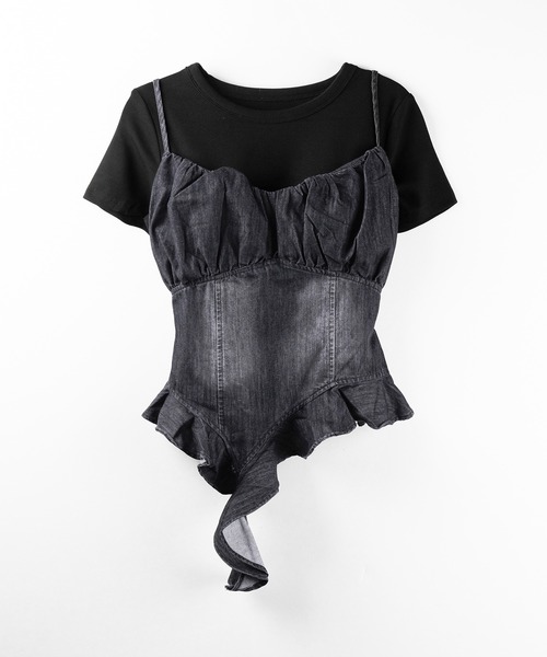 アンサンブル 「 ２点セット 」ヴィンテージデニムビスチェ ＆ 半袖レイヤードＴシャツセット ／ vintage denim bustier ＆ sh セール】【 2点セット 】ヴィンテージデニムビスチェ ＆ 半袖