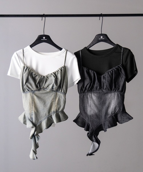 me+em select(ミームセレクト)の「※※【 2点セット 】ヴィンテージデニムビスチェ & 半袖レイヤードTシャツセット / vintage denim bustier & short sleeve layered T-shirts set(アンサンブル・レディース・ブラック/ホワイト・FREE)」の3枚目の写真