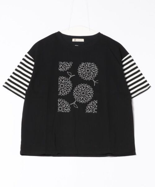 BARNDOOR(バーンドア)の「(BD)【BARNDOOR】ダリア 刺繍 Tシャツ(Tシャツ/カットソー・レディース・オフホワイト/ブラック/ネイビー・FREE)」の2枚目の写真