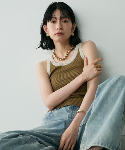 Shelly island（シェリーアイランド）の「バイカラーアメスリニット（タンクトップ・レディース・ブラック/カーキ/ベージュ・FREE）」の4枚目の写真