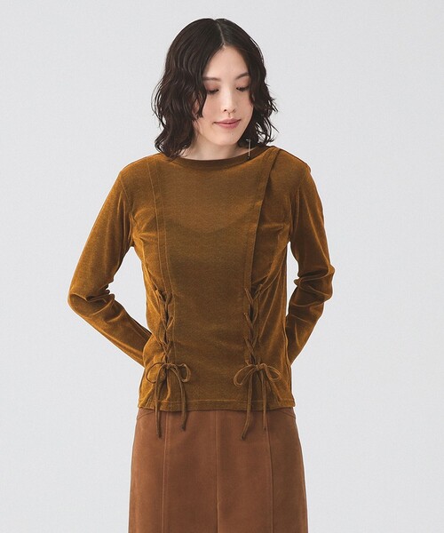 Ray BEAMS(レイビームス)の「フロッキー レースアップ トップス(Tシャツ/カットソー・レディース・ブラウン/ブルー・ONE SIZE)」の1枚目の写真