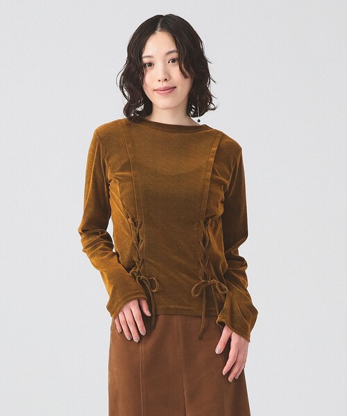 Ray BEAMS(レイビームス)の「フロッキー レースアップ トップス(Tシャツ/カットソー・レディース・ブラウン/ブルー・ONE SIZE)」の4枚目の写真