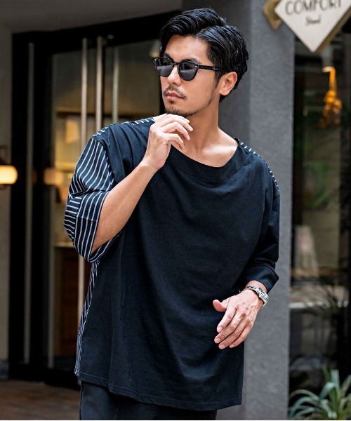 SILVER BULLET(シルバーバレット)の「『CavariA/キャバリア』ストライプ切替半袖Tシャツ(Tシャツ/カットソー・メンズ・ブルー/ブラック・L/M)」の1枚目の写真