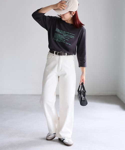 Riberry(リベリー)の「手書き風ロゴ刺繍デザイン七分袖Tシャツ(Tシャツ/カットソー・レディース・オートミール/オフホワイト/チャコールグレー/ナチュラル・FREE)」の9枚目の写真