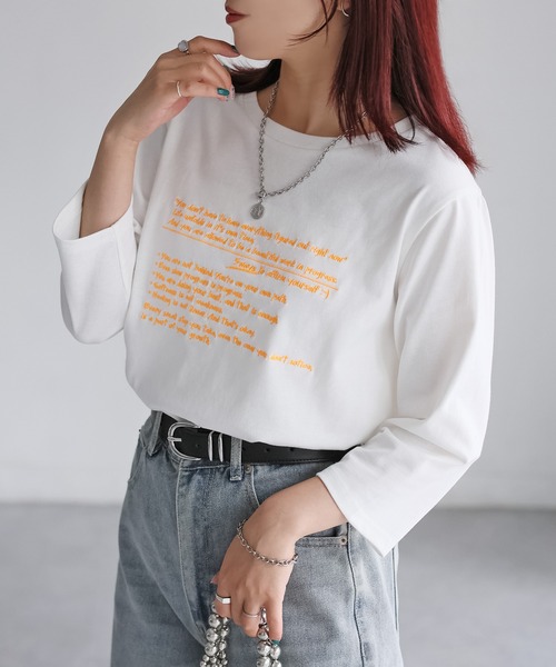 Riberry(リベリー)の「手書き風ロゴ刺繍デザイン七分袖Tシャツ(Tシャツ/カットソー・レディース・オートミール/オフホワイト/チャコールグレー/ナチュラル・FREE)」の18枚目の写真