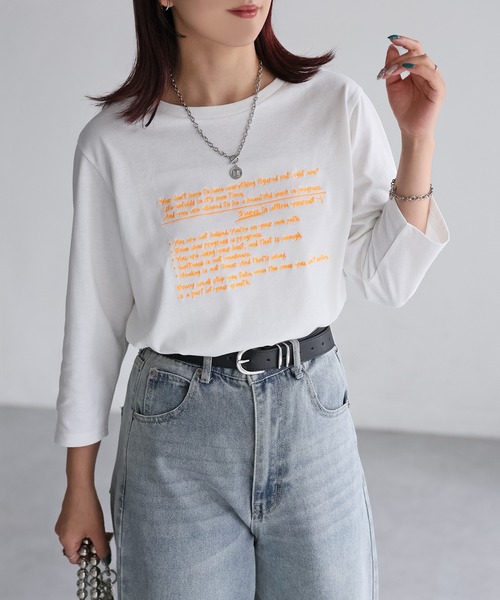 Riberry(リベリー)の「手書き風ロゴ刺繍デザイン七分袖Tシャツ(Tシャツ/カットソー・レディース・オートミール/オフホワイト/チャコールグレー/ナチュラル・FREE)」の19枚目の写真