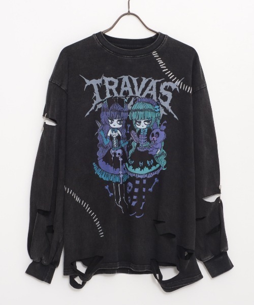 TRAVAS TOKYO(トラバス トウキョウ)の「『TRAVAS TOKYO/トラバス トーキョー』ステッチ入りイラストプリントL/S Tee/ロングスリーブカットソー(Tシャツ/カットソー・レディース・ブラック/チャコールグレー・FREE)」の8枚目の写真