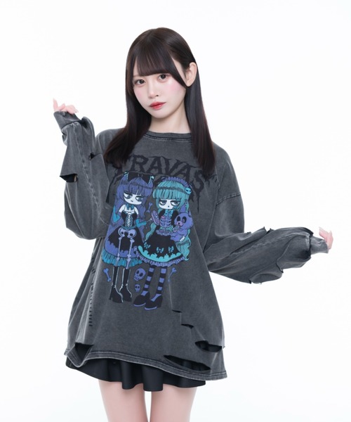 TRAVAS TOKYO(トラバス トウキョウ)の「『TRAVAS TOKYO/トラバス トーキョー』ステッチ入りイラストプリントL/S Tee/ロングスリーブカットソー(Tシャツ/カットソー・レディース・ブラック/チャコールグレー・FREE)」の3枚目の写真