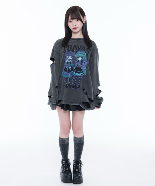 TRAVAS TOKYO(トラバス トウキョウ)の「『TRAVAS TOKYO/トラバス トーキョー』ステッチ入りイラストプリントL/S Tee/ロングスリーブカットソー(Tシャツ/カットソー・レディース・ブラック/チャコールグレー・FREE)」の4枚目の写真