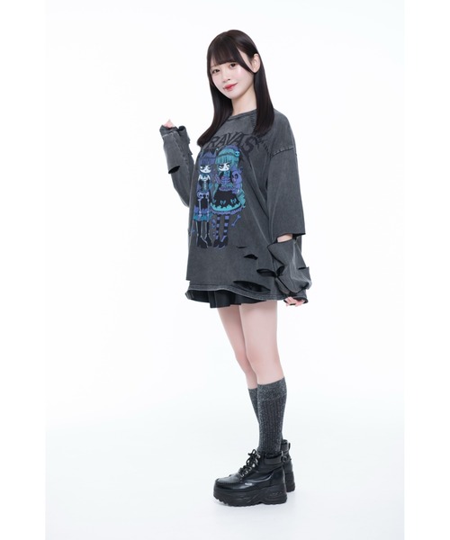 TRAVAS TOKYO(トラバス トウキョウ)の「『TRAVAS TOKYO/トラバス トーキョー』ステッチ入りイラストプリントL/S Tee/ロングスリーブカットソー(Tシャツ/カットソー・レディース・ブラック/チャコールグレー・FREE)」の6枚目の写真
