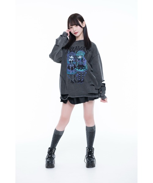 TRAVAS TOKYO(トラバス トウキョウ)の「『TRAVAS TOKYO/トラバス トーキョー』ステッチ入りイラストプリントL/S Tee/ロングスリーブカットソー(Tシャツ/カットソー・レディース・ブラック/チャコールグレー・FREE)」の5枚目の写真