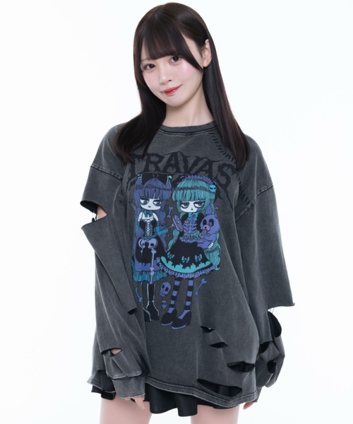 TRAVAS TOKYO(トラバス トウキョウ)の「『TRAVAS TOKYO/トラバス トーキョー』ステッチ入りイラストプリントL/S Tee/ロングスリーブカットソー(Tシャツ/カットソー・レディース・ブラック/チャコールグレー・FREE)」の17枚目の写真