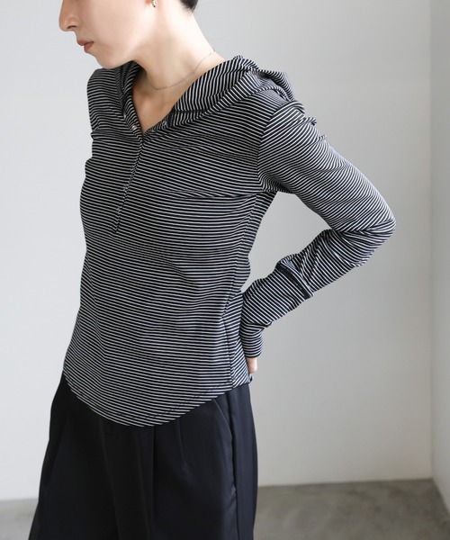 select MOCA(セレクトモカ)の「ボーダーフーディーロンT(パーカー・レディース・オフホワイト/チャコールグレー/ブラック・FREE)」の1枚目の写真