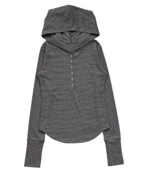 select MOCA(セレクトモカ)の「ボーダーフーディーロンT(パーカー・レディース・オフホワイト/チャコールグレー/ブラック・FREE)」の10枚目の写真