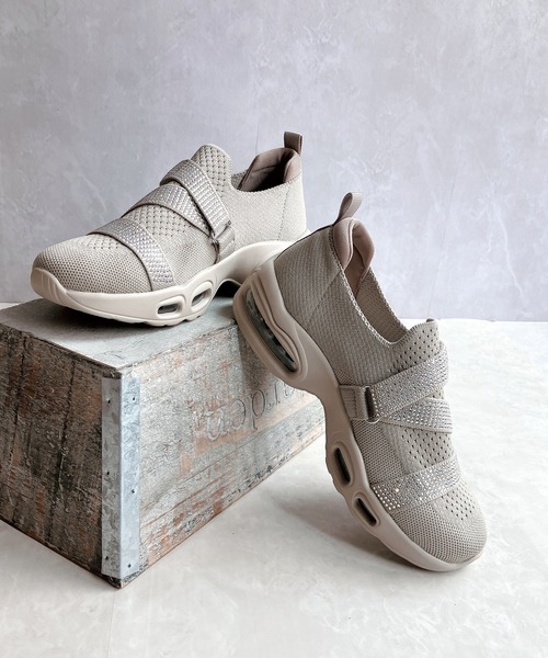 厚底 軽量 キラキラベルト ニットスリップオンスニーカー【2025新作】