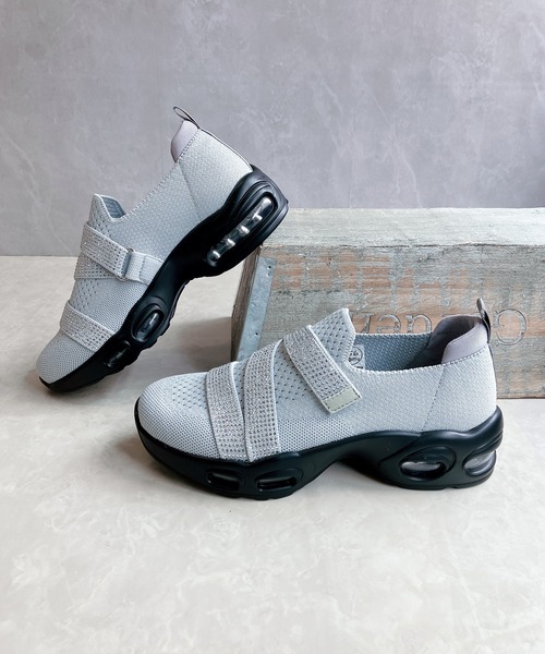 厚底 軽量 キラキラベルト ニットスリップオンスニーカー【2025新作】