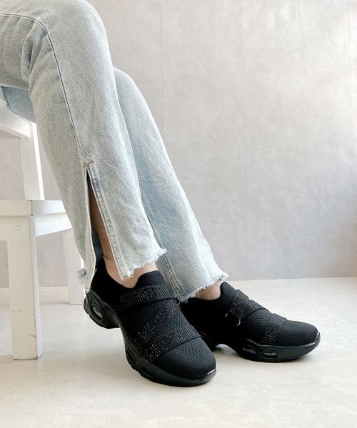 厚底 軽量 キラキラベルト ニットスリップオンスニーカー【2025新作】