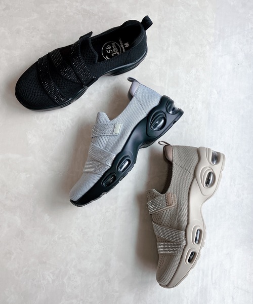 厚底 軽量 キラキラベルト ニットスリップオンスニーカー【2025新作】