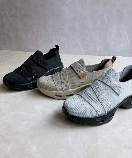 厚底 軽量 キラキラベルト ニットスリップオンスニーカー【2025新作】