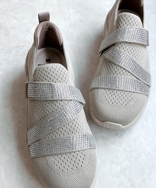 厚底 軽量 キラキラベルト ニットスリップオンスニーカー【2025新作】