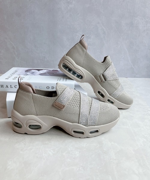 厚底 軽量 キラキラベルト ニットスリップオンスニーカー【2025新作】