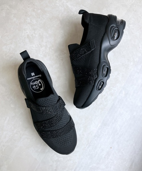 厚底 軽量 キラキラベルト ニットスリップオンスニーカー【2025新作】