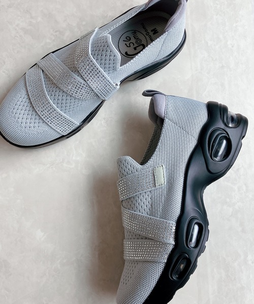 厚底 軽量 キラキラベルト ニットスリップオンスニーカー【2025新作】