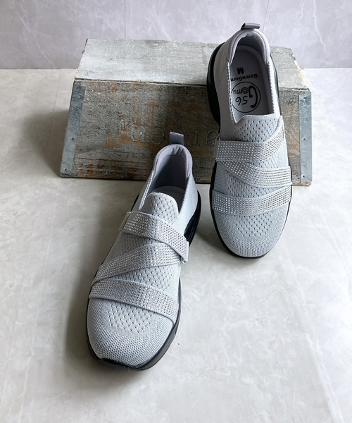 厚底 軽量 キラキラベルト ニットスリップオンスニーカー【2025新作】