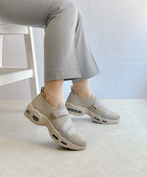 厚底 軽量 キラキラベルト ニットスリップオンスニーカー【2025新作】