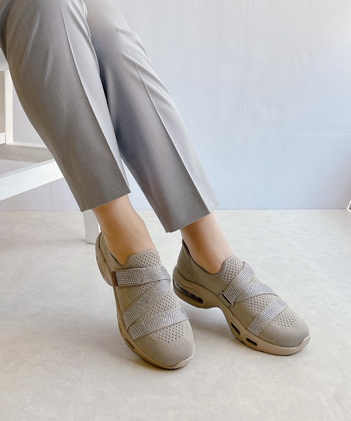 厚底 軽量 キラキラベルト ニットスリップオンスニーカー【2025新作】