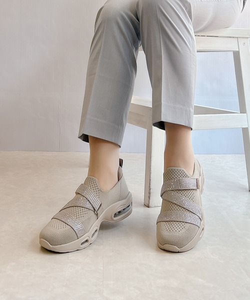 厚底 軽量 キラキラベルト ニットスリップオンスニーカー【2025新作】