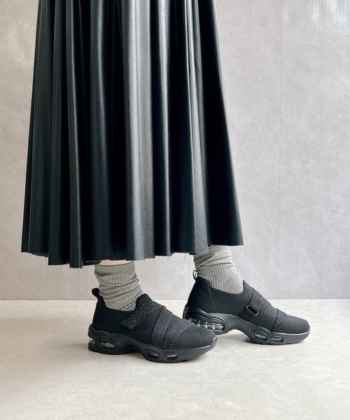 厚底 軽量 キラキラベルト ニットスリップオンスニーカー【2025新作】