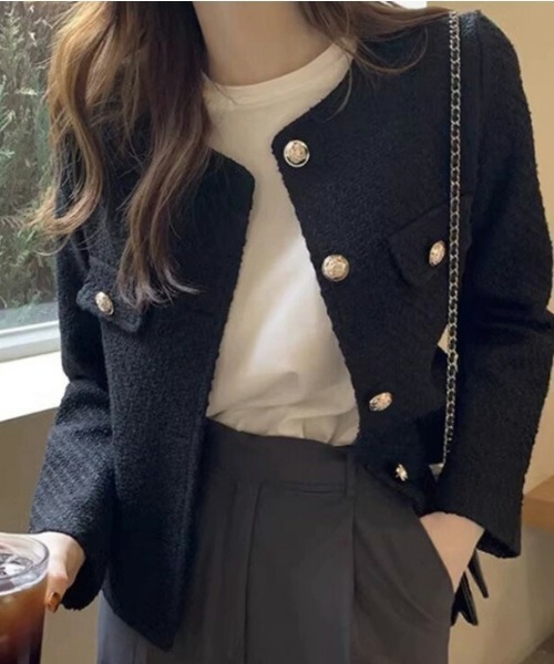 AMELY(エミリー)の「ツイード調ショートジャケット(ノーカラージャケット・レディース・ブラック/アイボリー・フリー)」の8枚目の写真