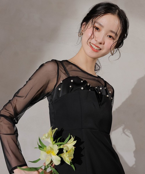 Kana（カナ）の「チュールトップス フリル パール キャミワンピース 2点セット パーティー ドレス 結婚式 お呼ばれ オケージョンドレス（ドレス・レディース・チャコールグレー/ブラック・M/S）」の2枚目の写真