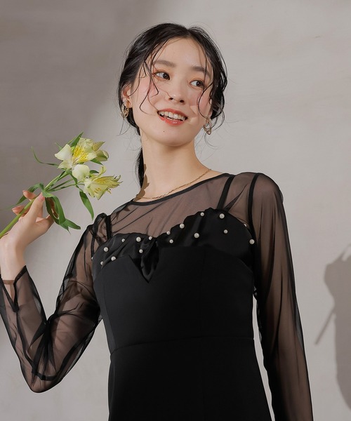 Kana（カナ）の「チュールトップス フリル パール キャミワンピース 2点セット パーティー ドレス 結婚式 お呼ばれ オケージョンドレス（ドレス・レディース・チャコールグレー/ブラック・M/S）」の4枚目の写真