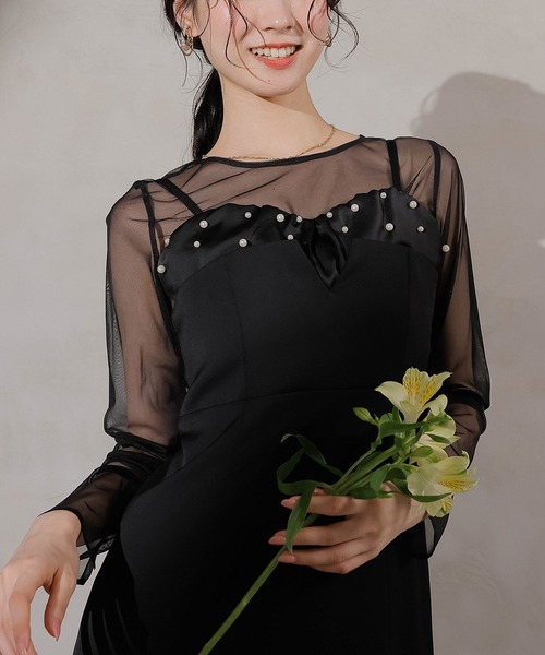 Kana（カナ）の「チュールトップス フリル パール キャミワンピース 2点セット パーティー ドレス 結婚式 お呼ばれ オケージョンドレス（ドレス・レディース・チャコールグレー/ブラック・M/S）」の5枚目の写真