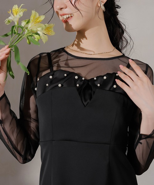 Kana（カナ）の「チュールトップス フリル パール キャミワンピース 2点セット パーティー ドレス 結婚式 お呼ばれ オケージョンドレス（ドレス・レディース・チャコールグレー/ブラック・M/S）」の6枚目の写真