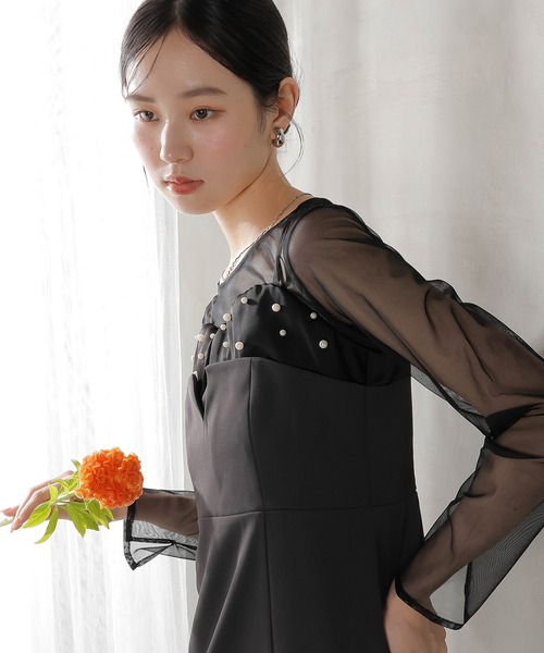 Kana（カナ）の「チュールトップス フリル パール キャミワンピース 2点セット パーティー ドレス 結婚式 お呼ばれ オケージョンドレス（ドレス・レディース・チャコールグレー/ブラック・M/S）」の9枚目の写真