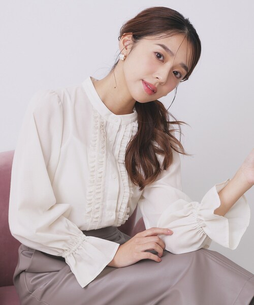 セール】タックフリルバンドカラーブラウス【洗濯機OK/イージー