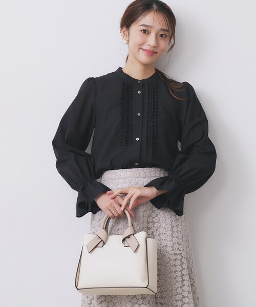 セール】タックフリルバンドカラーブラウス【洗濯機OK/イージー