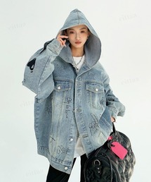 Dalfwin（ダールフィン）の「落書きデニムジャケット オーバーサイズ Gジャンフーディーブルゾン（デニムジャケット）」