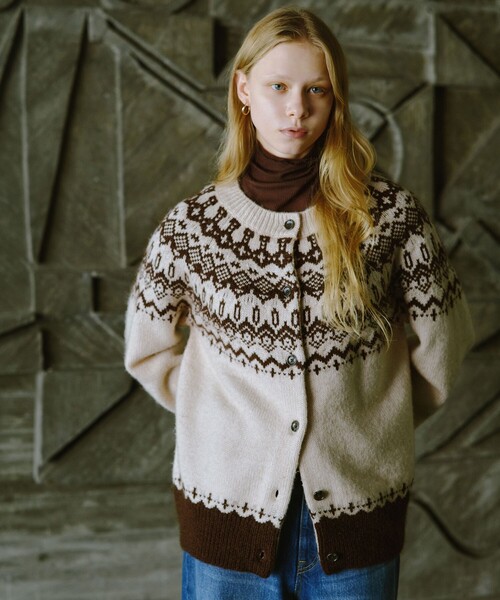 73chan　ノルディックジャガードカーディガン　モヘヤ混 73chan様専用 ノルディックジャガードカーディガン モヘヤ混 - メルカリ