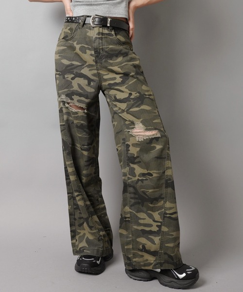 カモ柄/迷彩柄ワイドダメージパンツ（その他パンツ）｜SPINNS