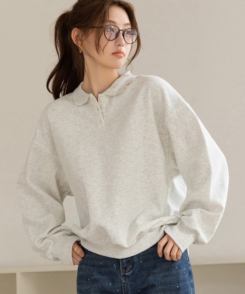 DAY CLOSET（デイ クローゼット）の「【ラフすぎない大人の抜け感】長袖 ドロップショルダー ポロ襟 リブ スウェット レディース（スウェット・レディース・オフホワイト/グレー/オートミール・FREE）」の3枚目の写真